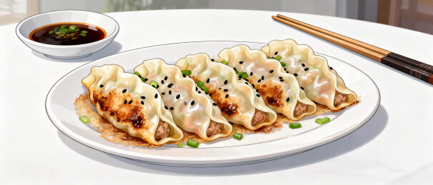 中式传统小吃锅贴煎饺配蘸料