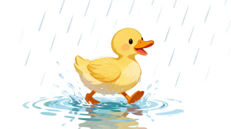 黄色小鸭雨中奔跑溅起水花