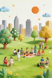 城市公园集体野餐热闹场景
