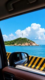 车内视角海边灯塔风光