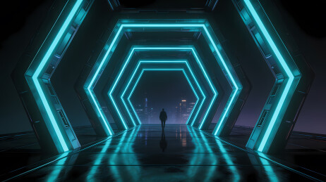 霓虹隧道中的孤影