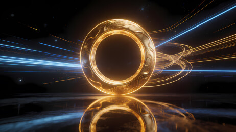 金色环形能量体悬浮镜面