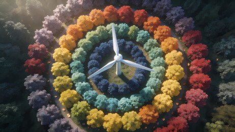 彩虹森林中的白色风机