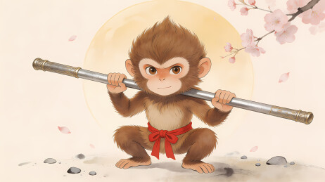 小猴持棍戏樱花