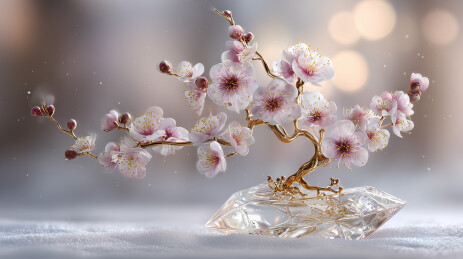  水晶梅花枝雪粒背景   