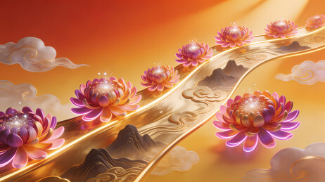 紫莲映金河祥云绕