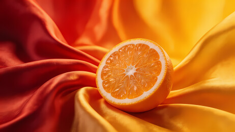 切开的鲜橙与丝质背景