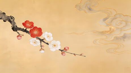 梅枝红白映金绢