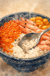 海鲜丼拨饭特写