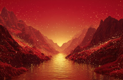 红色山谷中的河流与星空