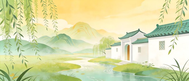 青瓦白墙古建筑旁溪流环绕山景