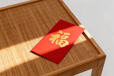 红色红包置于竹席之上