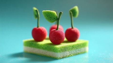 桌面上鲜红的樱桃3D卡通水果橡皮泥插画