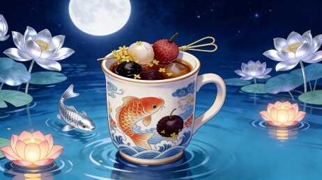 国风荔枝桂花热饮插画