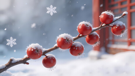 雪枝红果映朱窗