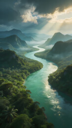 碧河穿雾映金光