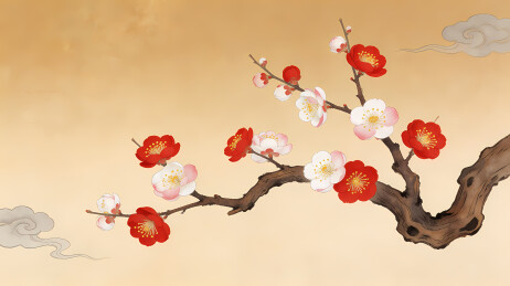 梅枝红白映祥云