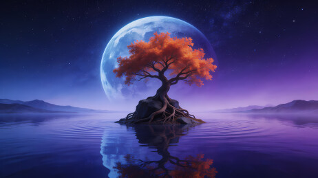 水中古树映月夜