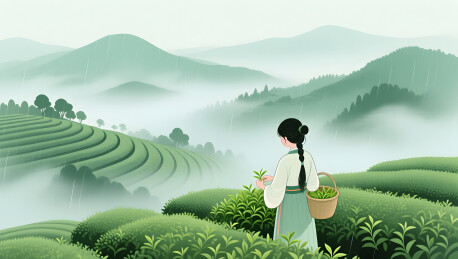 谷雨节气中国风唯美茶园采茶姑娘在山间劳动
