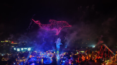 航拍中国珠海横琴长隆海洋王国夜景烟花秀
