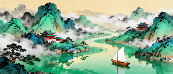 国潮青绿山水亭台鎏金意境主视觉
