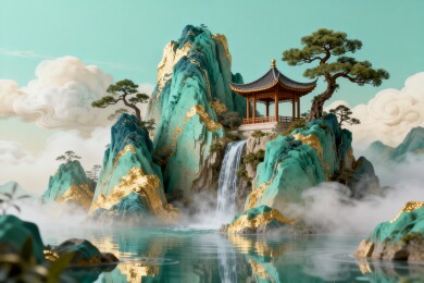 国潮青绿山水亭台鎏金意境主视觉