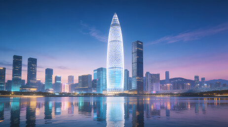 未来都市暮色中的锥形摩天楼