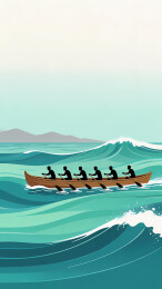 五人划舟破浪前行