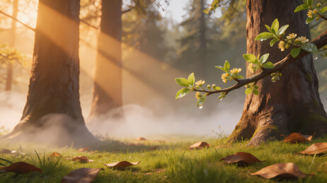 晨雾林间嫩枝初绽