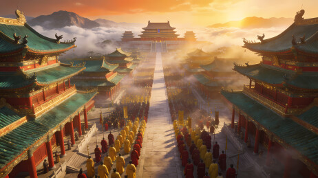 黄昏霞光中的皇家宫殿