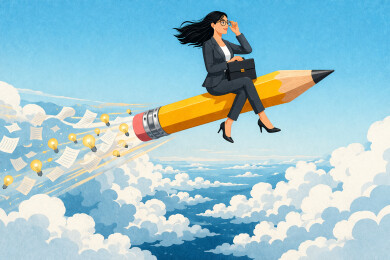 女商人坐铅笔飞行