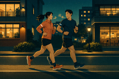 楼宇前情侣夜跑