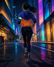 霓虹街区夜跑背影