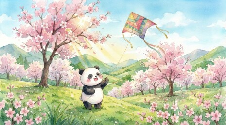 水彩清明：传统节气熊猫在花丛中放风筝海报