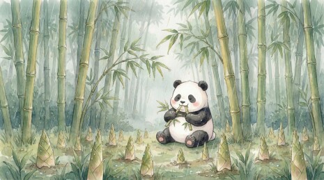 水彩谷雨：熊猫在雨后竹林里寻找嫩笋的场景
