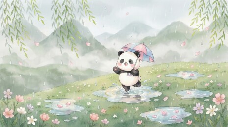 水彩雨水：在翠绿柳树下撑伞漫步的可爱熊猫