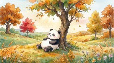 水彩处暑：熊猫在大树下享受初秋微风的插画