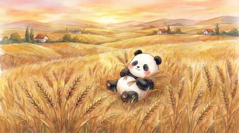 水彩芒种：金黄麦田丰收景象与可爱的熊猫