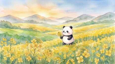 水彩春分：在春季嫩绿草地上奔跑的中国熊猫