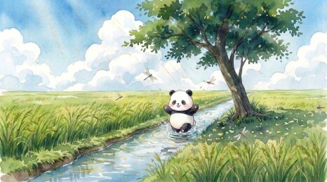 水彩小暑：炎炎夏日熊猫在清凉小溪边玩耍