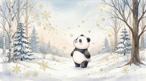 水彩小雪：天降小雪熊猫在松树下仰望雪花