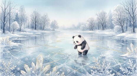 水彩小寒：极寒天气熊猫在结冰的湖面旁行走