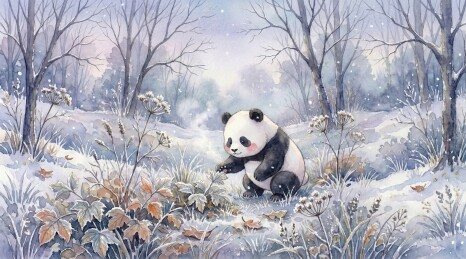 水彩霜降：晚秋时节熊猫在带有霜气的草地中