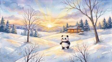 水彩冬至：冬日夕阳下熊猫在雪地里治愈风景