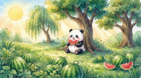 水彩大暑：熊猫在树荫下吃西瓜消暑的治愈场