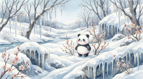 水彩大寒：一年终了熊猫在壮丽雪山背景下图