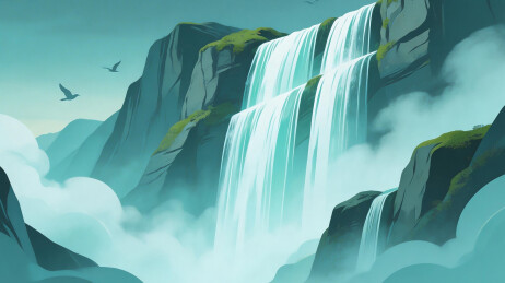 山间瀑布云雾缭绕