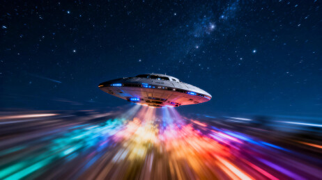 一架飞碟UFO在夜空中极速飞驰