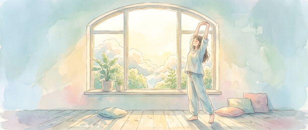 女子窗边伸展晨光室内水彩插画