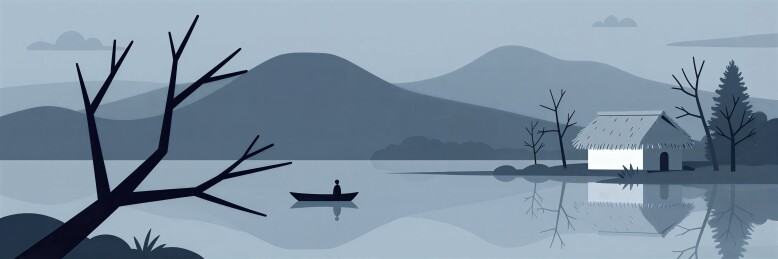 水墨风山水湖畔小屋泛舟插画